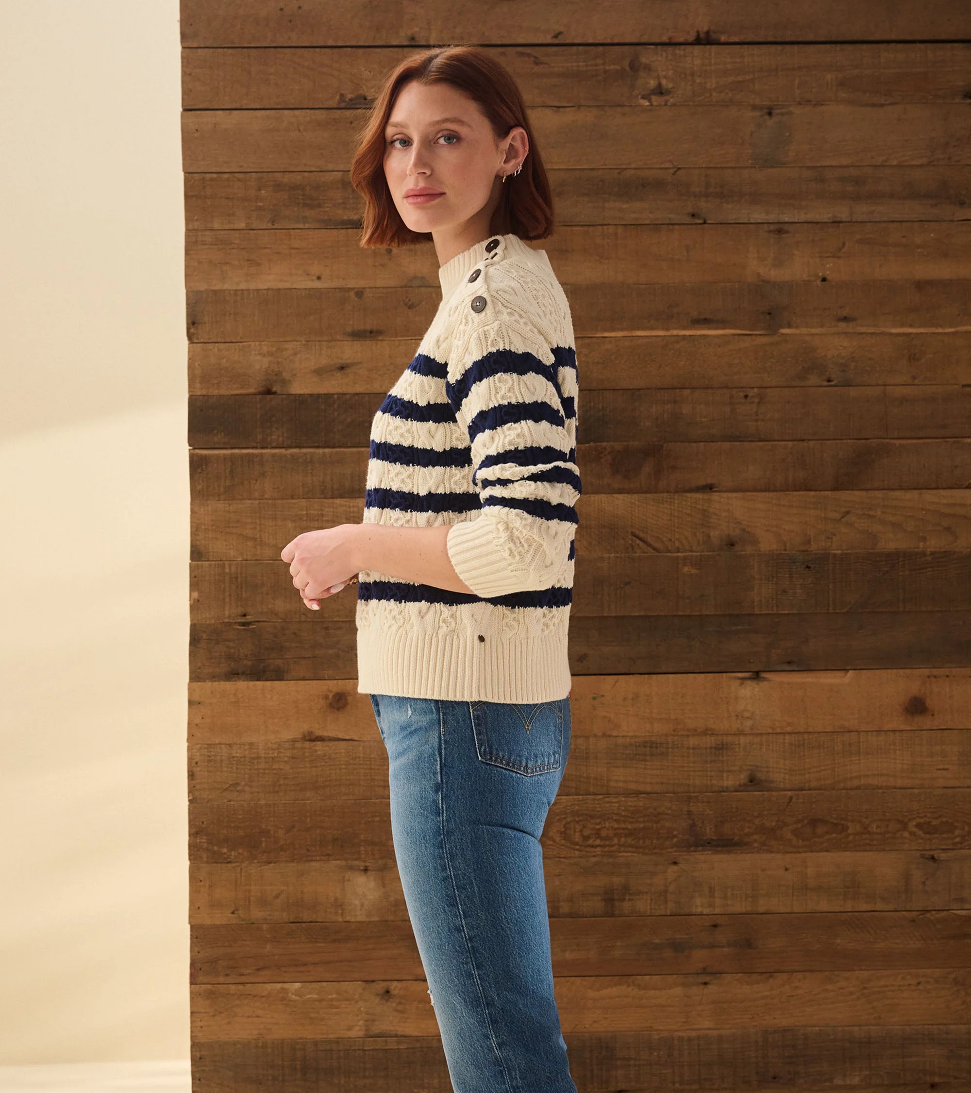 Button Neck Sweater - French Stripe - Image 3