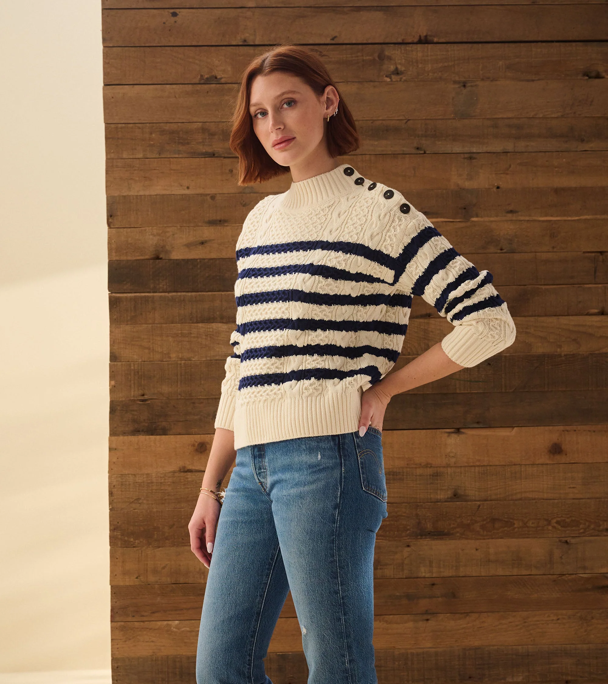 Button Neck Sweater - French Stripe - Image 4