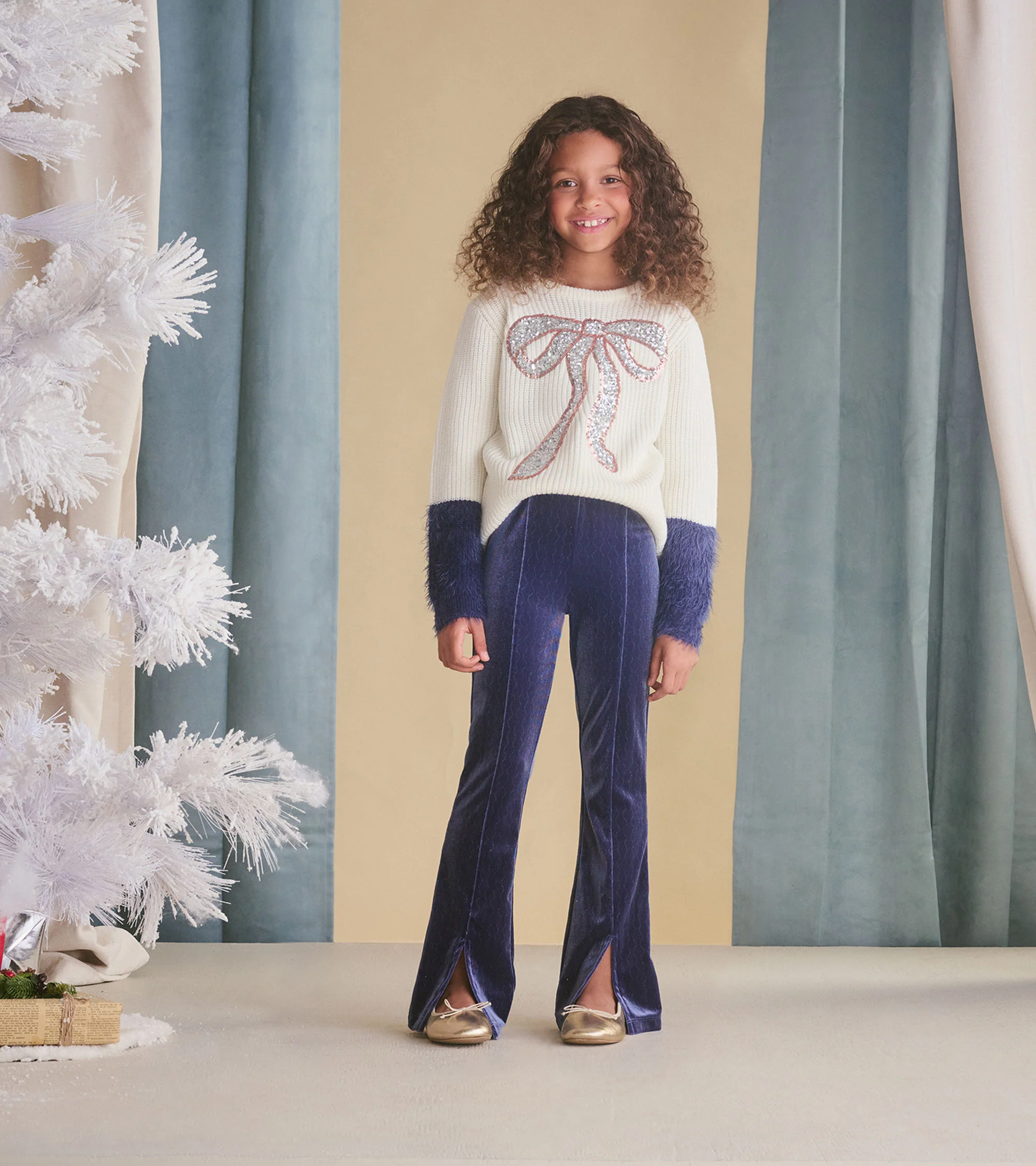Girls Sequin Bow Fluffy Sleeve Sweater - Image 3