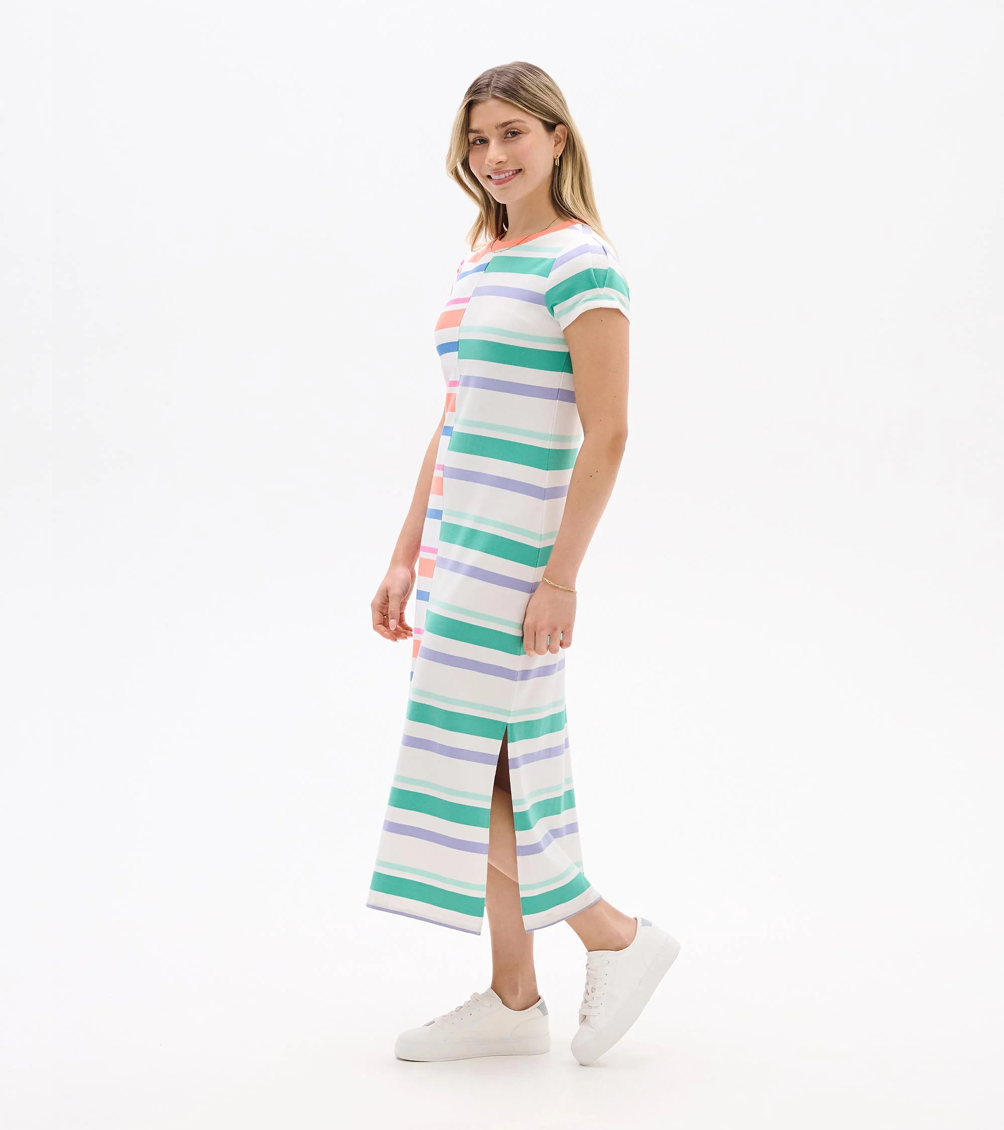 Pleated Sleeve Midi Dress - Offset Stripes - Image 4